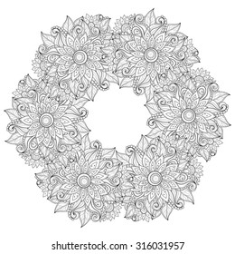 Vector Monochrome Floral Background. Hand Drawn Ornament with Floral Wreath. Template for Greeting Card