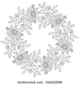 Vector Monochrome Floral Background. Hand Drawn Ornament with Floral Wreath. Template for Greeting Card