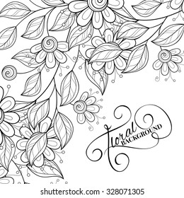 Vector Monochrome Floral Background. Hand Drawn Ornament with Floral Wreath. Template for Greeting Card