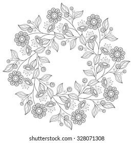 Vector Monochrome Floral Background. Hand Drawn Ornament with Floral Wreath. Template for Greeting Card