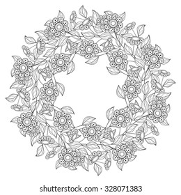 Vector Monochrome Floral Background. Hand Drawn Ornament with Floral Wreath. Template for Greeting Card
