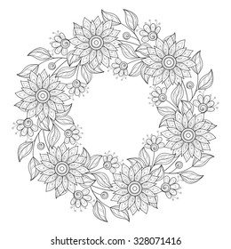 Vector Monochrome Floral Background. Hand Drawn Ornament with Floral Wreath. Template for Greeting Card