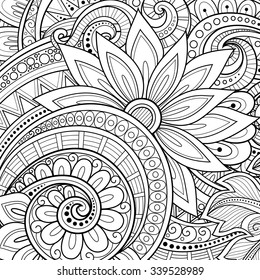 Vector Monochrome Floral Background. Hand Drawn Ornament with Flowers. Template for Greeting Card