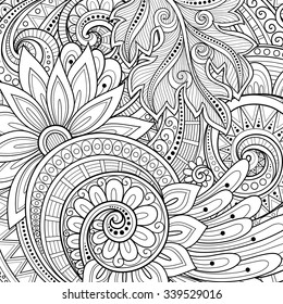 Vector Monochrome Floral Background. Hand Drawn Ornament with Flowers. Template for Greeting Card