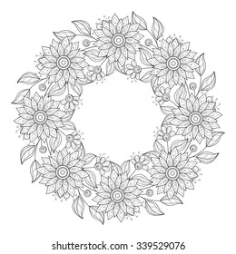 Vector Monochrome Floral Background. Hand Drawn Ornament with Floral Wreath. Template for Greeting Card