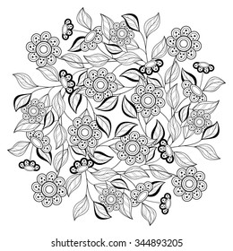 Vector Monochrome Floral Background. Hand Drawn Ornament with Flowers. Template for Greeting Card