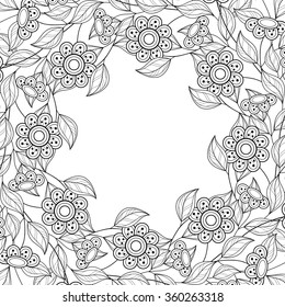 Vector Monochrome Floral Background. Hand Drawn Ornament with Floral Wreath. Template for Greeting Card