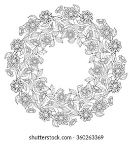 Vector Monochrome Floral Background. Hand Drawn Ornament with Floral Wreath. Template for Greeting Card