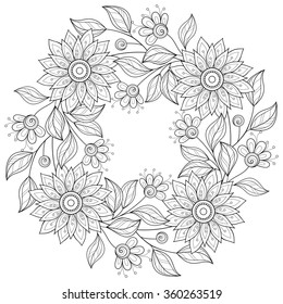 Vector Monochrome Floral Background. Hand Drawn Ornament with Flowers. Template for Greeting Card