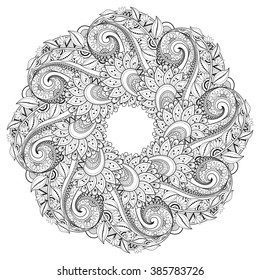 Vector Monochrome Floral Background. Hand Drawn Ornament with Floral Wreath. Template for Greeting Card