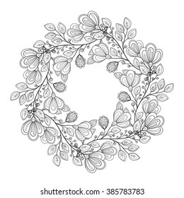 Vector Monochrome Floral Background. Hand Drawn Ornament with Floral Wreath. Template for Greeting Card