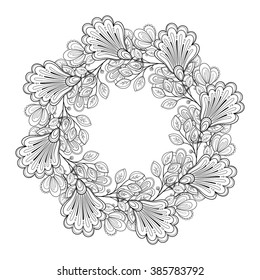 Vector Monochrome Floral Background. Hand Drawn Ornament with Floral Wreath. Template for Greeting Card
