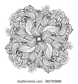 Vector Monochrome Floral Background. Hand Drawn Ornament with Flowers. Template for Greeting Card