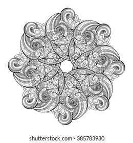Vector Monochrome Floral Background. Hand Drawn Ornament with Floral Wreath. Template for Greeting Card
