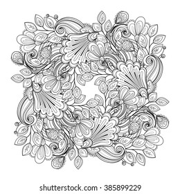 Vector Monochrome Floral Background. Hand Drawn Ornament with Flowers. Template for Greeting Card