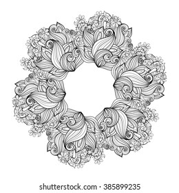 Vector Monochrome Floral Background. Hand Drawn Ornament with Floral Wreath. Template for Greeting Card