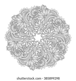Vector Monochrome Floral Background. Hand Drawn Ornament with Floral Wreath. Template for Greeting Card