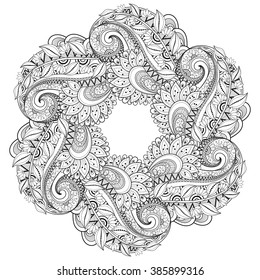Vector Monochrome Floral Background. Hand Drawn Ornament with Floral Wreath. Template for Greeting Card