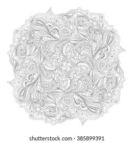Vector Monochrome Floral Background. Hand Drawn Ornament with Flowers. Template for Greeting Card