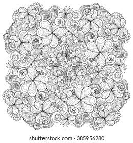 Vector Monochrome Floral Background. Hand Drawn Ornament with Decorative Clover and Coins. Saint Patrick's Day Holiday Template for Greeting Card