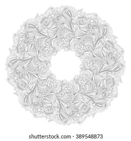 Vector Monochrome Floral Background. Hand Drawn Ornament with Floral Wreath. Template for Greeting Card
