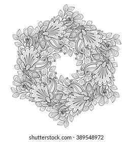 Vector Monochrome Floral Background. Hand Drawn Ornament with Floral Wreath. Template for Greeting Card