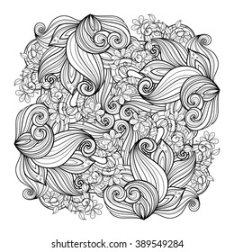 Vector Monochrome Floral Background. Hand Drawn Ornament with Flowers. Template for Greeting Card