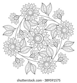 Vector Monochrome Floral Background. Hand Drawn Ornament with Flowers. Template for Greeting Card