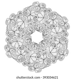Vector Monochrome Floral Background. Hand Drawn Wreath with Decorative Clover and Coins. Saint Patrick's Day Holiday Template for Greeting Card