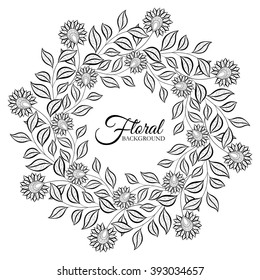 Vector Monochrome Floral Background. Hand Drawn Ornament with Floral Wreath. Template for Greeting Card