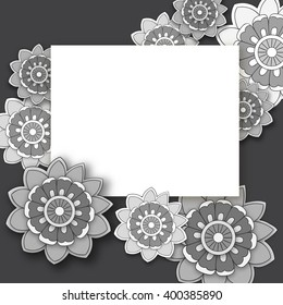 Vector monochrome floral background with hand drawn  flowers. Template for Greeting Card with place for text