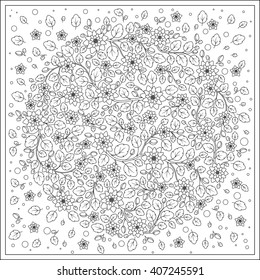 Vector Monochrome Floral Background. Hand Drawn Ornament with Floral Wreath. Template for Greeting Card