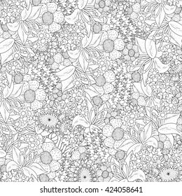 Vector  Monochrome Floral background. Hand Drawn Floral Texture, Coloring Book