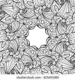 Vector Monochrome Floral Background. Hand Drawn Ornament with Floral Wreath. Template for Greeting Card
