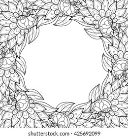 Vector Monochrome Floral Background. Hand Drawn Ornament with Floral Wreath. Template for Greeting Card