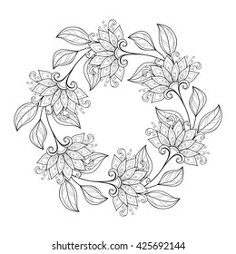 Vector Monochrome Floral Background. Hand Drawn Ornament with Floral Wreath. Template for Greeting Card