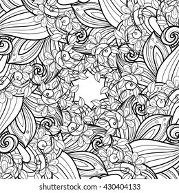 Vector Monochrome Floral Background. Hand Drawn Ornament with Floral Wreath. Template for Greeting Card