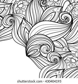 Vector Monochrome Floral Background. Hand Drawn Ornament with Flowers. Template for Greeting Card