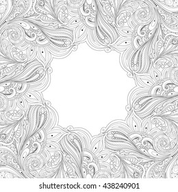 Vector Monochrome Floral Background. Hand Drawn Ornament with Floral Wreath. Template for Greeting Card