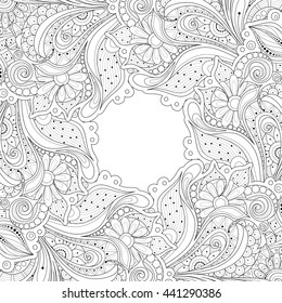 Vector Monochrome Floral Background. Hand Drawn Ornament with Floral Wreath. Template for Greeting Card