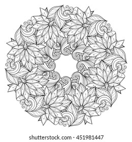 Vector Monochrome Floral Background. Hand Drawn Ornament with Floral Wreath. Template for Greeting Card