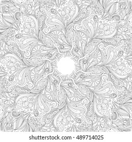 Vector Monochrome Floral Background. Hand Drawn Ornament with Floral Wreath. Template for Greeting Card