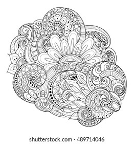 Vector Monochrome Floral Background. Hand Drawn Ornament with Flowers, Leaves and Herbs. Template for Greeting Card
