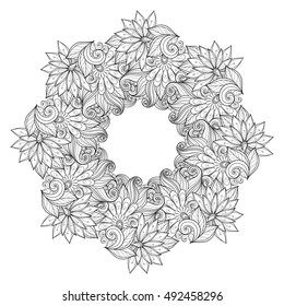 Vector Monochrome Floral Background. Hand Drawn Ornament with Floral Wreath. Template for Greeting Card