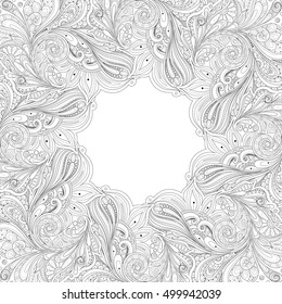 Vector Monochrome Floral Background. Hand Drawn Ornament with Floral Wreath. Template for Greeting Card