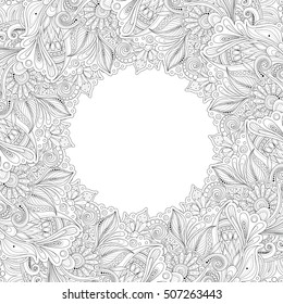 Vector Monochrome Floral Background. Hand Drawn Ornament with Floral Wreath. Template for Greeting Card