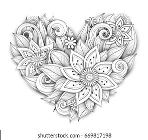 Vector Monochrome Floral Composition in Heart Shape. Hand Drawn Ornament with Flowers, Leaves and Herbs. Beautiful Doodle Background with Realistic Shadows for Valentine Greeting Card