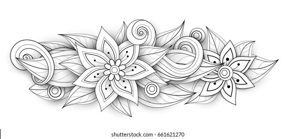 Vector Monochrome Floral Composition in Oval Shape. Hand Drawn Ornament with Flowers, Leaves and Herbs. Beautiful Doodle Background with Realistic Shadows
