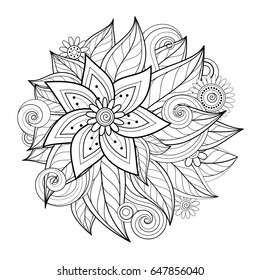 Vector Monochrome Floral Composition in Round Shape. Hand Drawn Ornament with Flowers. Beautiful Doodle Background, Coloring Book Page