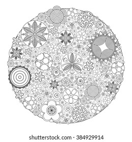Vector monochrome floral decorative pattern for coloring book for grown up and adult. Imitation of hand drawing. Flower pattern. Ethnic, retro, doodle, tribal design. Henna paisley mehndi doodles. 
